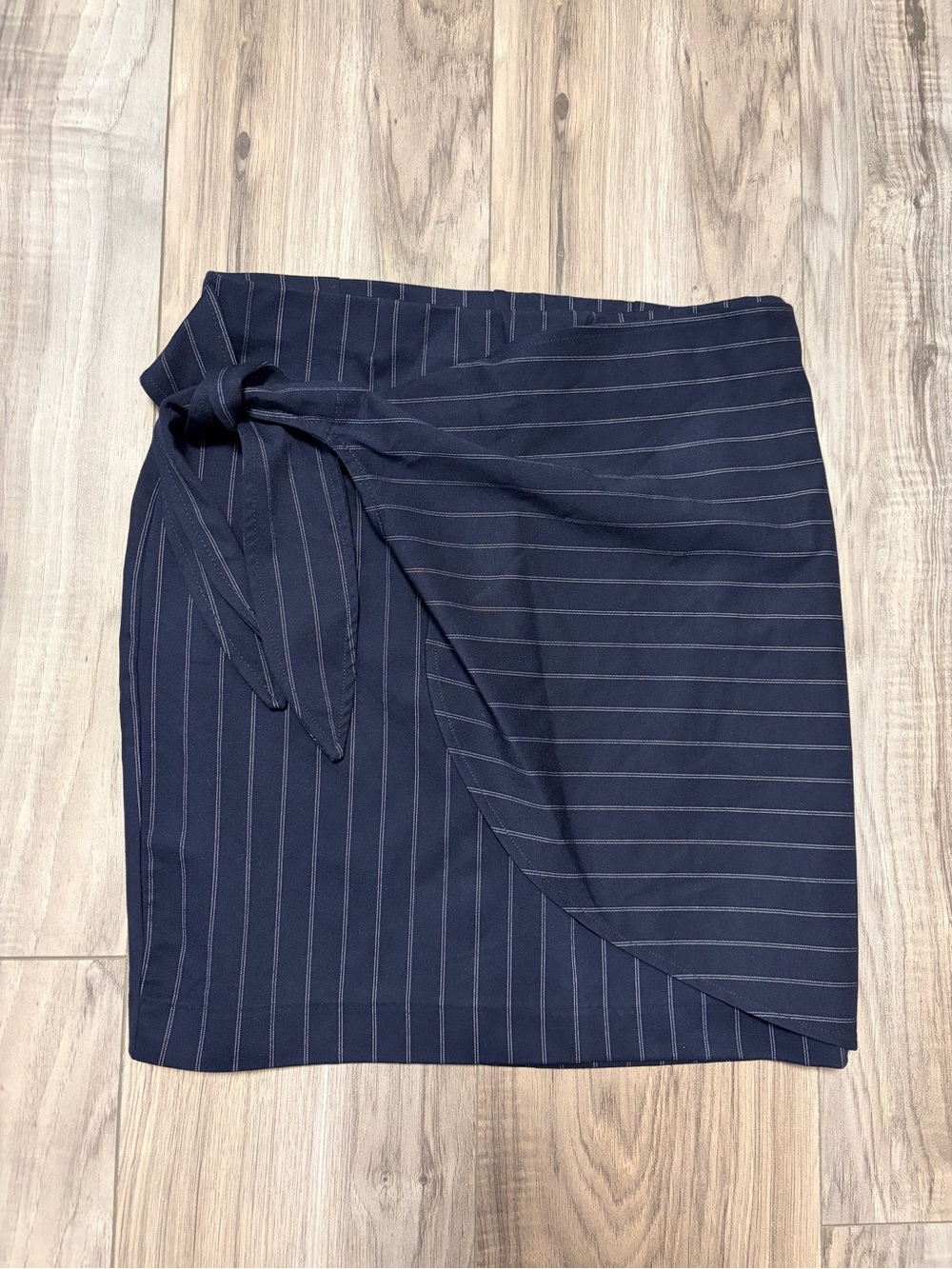 Dynamite Navy Pinstripe Wrap-Style Mini Skirt with Side Tie